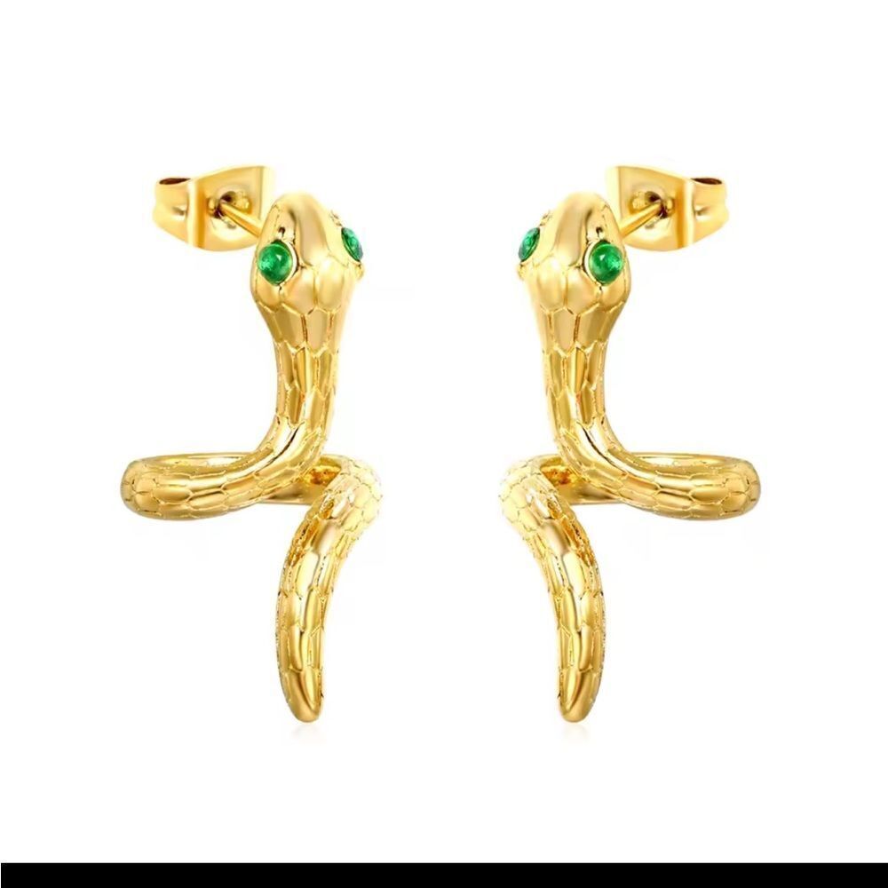 Gold Snake Earrings with Green Gemstone